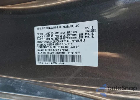 2018 Honda Odyssey Elite из США, поврежденный, VIN 5FNRL6H91JB090931